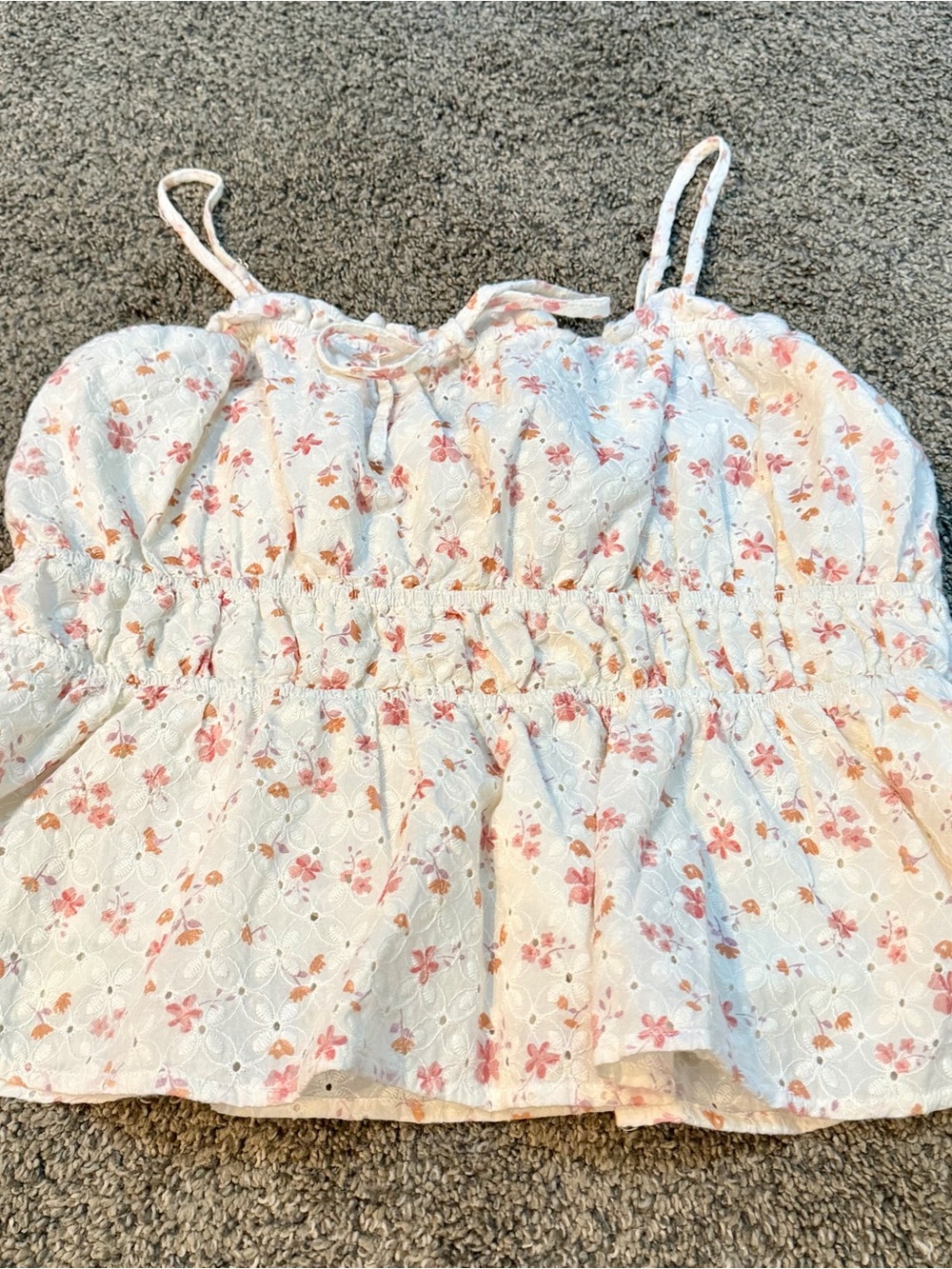 Floral Eyelet Smocked Spaghetti Strap Top - White/Pink